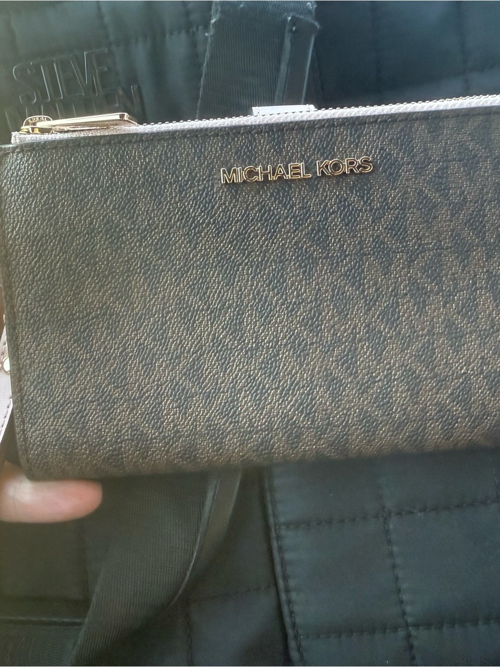 Michael Kors Brown MK Signature Zip Wallet with Pink Trim